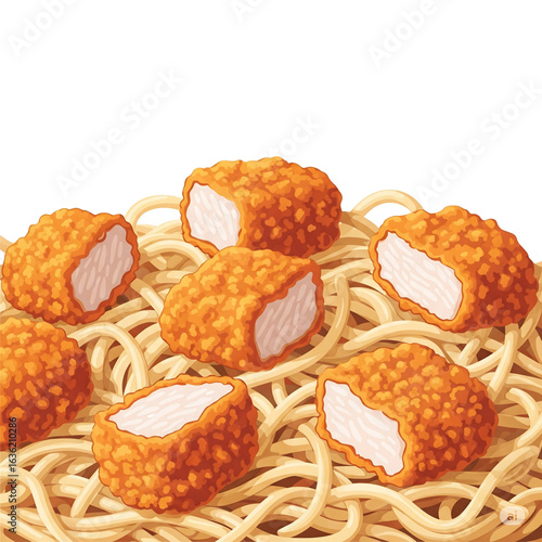Golden brown crispy chicken nuggets sliced open on a bed of tangled noodles. A delicious comfort food concept.