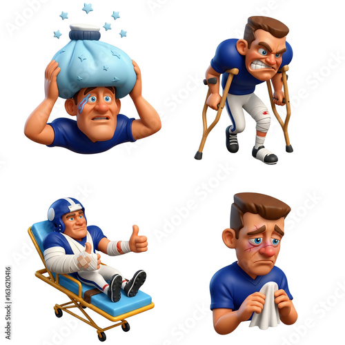 Injured football players depicting different sports injuries and recovery