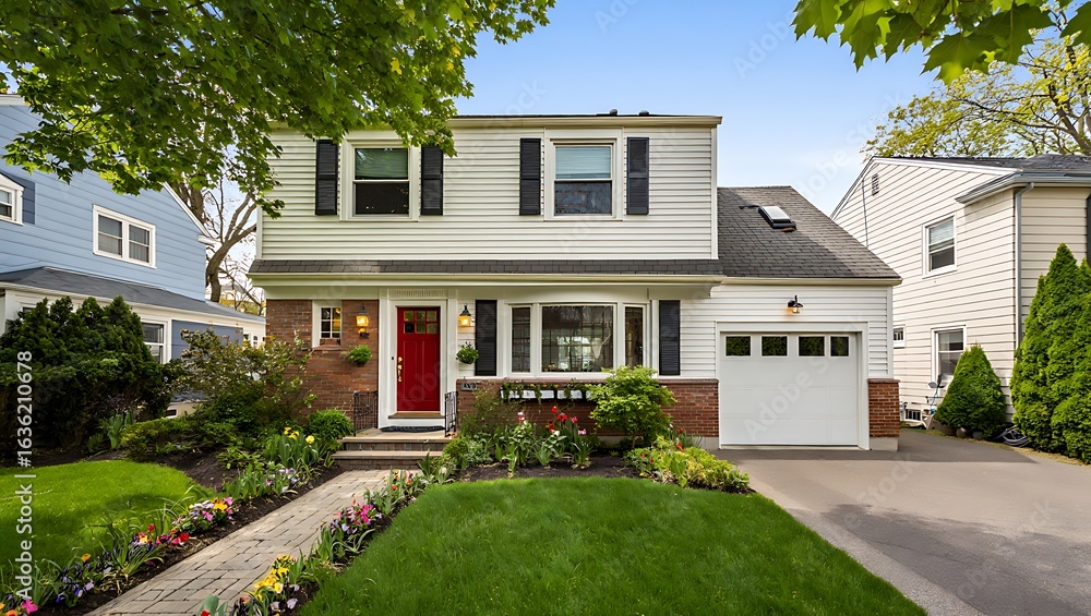 Fototapeta premium Charming suburban home with well maintained lawn and colorful flower garden perfect for real estate or family lifestyle imagery