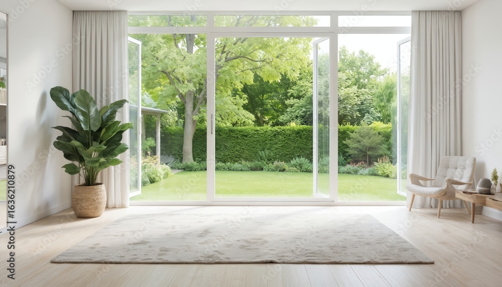 Fototapeta premium Modern minimalist living room with large windows overlooking green garden. Indoor plant placed on wooden floor with rug. Clean bright wall decor, contemporary architecture, peaceful, serene, tranquil