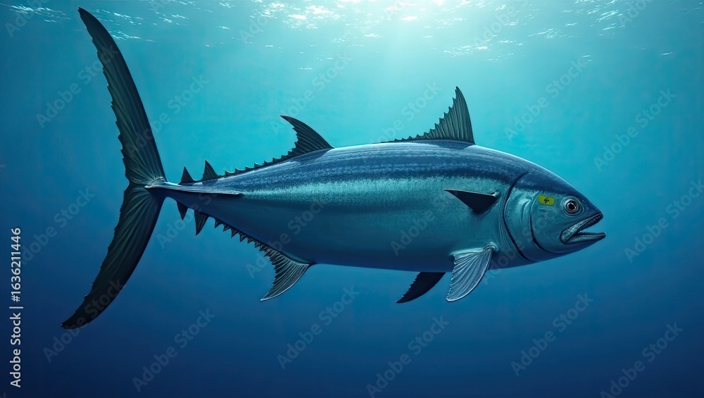 Obraz premium Detailed profile of a tuna fish swimming in deep water.