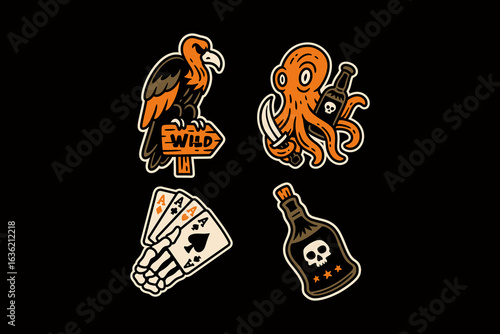Wild vulture, pirate octopus, skeleton hand with cards and poison bottle retro illustration vector logo design set for merchandise. Vulture sign, Octopus, Skeleton ace cards, Rum bottle