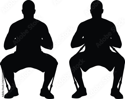 Silhouette of two identical figures in squat position showing exercise form and balance