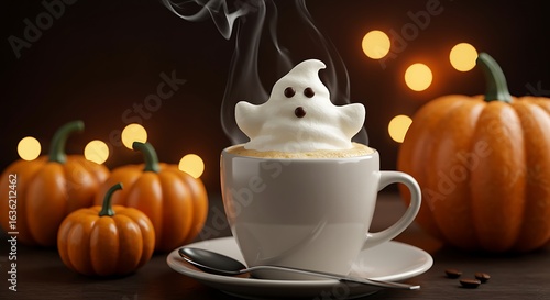 A cup of coffee with a ghost shaped foam sits among pumpkins creating a festive halloween scene