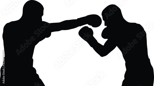 Silhouette of two boxers in profile engaged in fight, depicting movement, intensity, and competitive spirit

