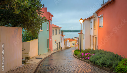 A narrow, ancient stone street in the historic old town of Europe, with traditional houses and architecture under a bright sky