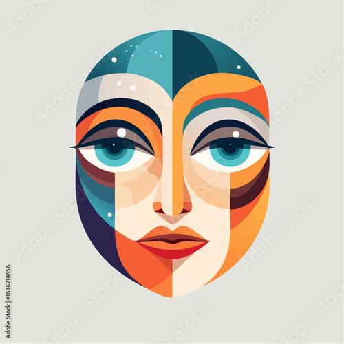 Vibrant modern art portrait of a symmetrical face, a conceptual vector illustration of a cosmic goddess or celestial being.