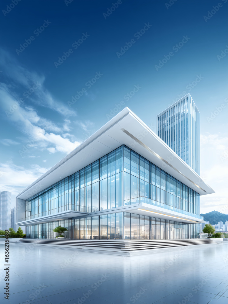 Obraz premium The square in front of the white building's glass curtain wall