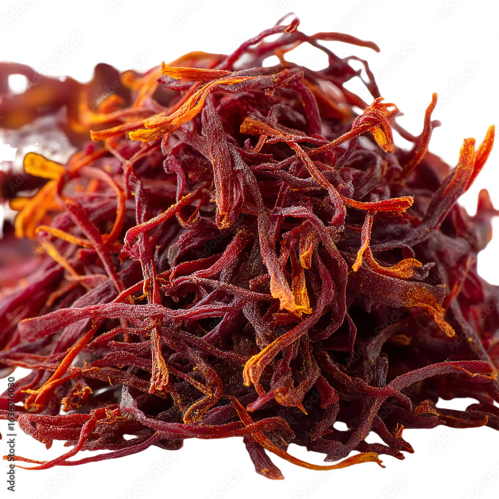 Obraz premium A close up shot of a pile of vibrant red and orange saffron threads spice isolated on transparent background