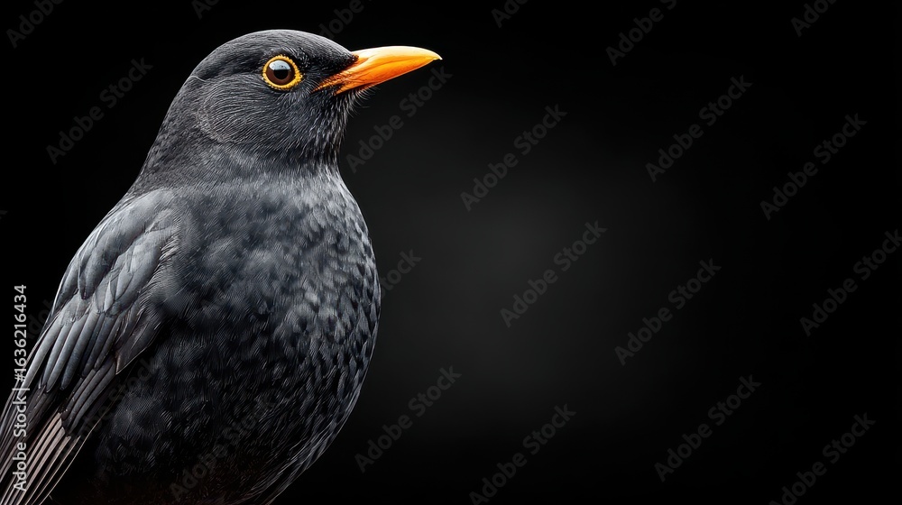 Fototapeta premium A striking close-up of a blackbird, showcasing its glossy feathers and bright orange beak against a dark background.