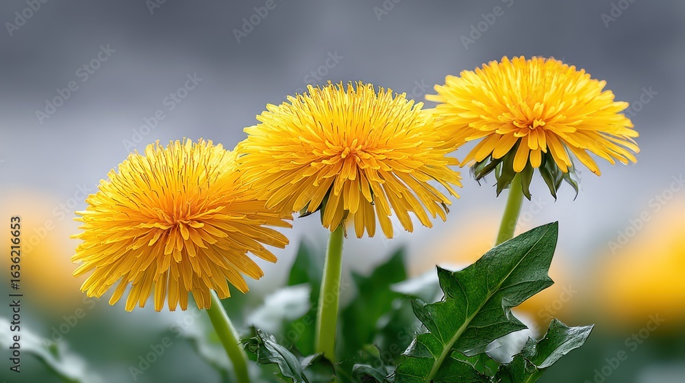 Naklejka premium Three vibrant yellow dandelion flowers stand tall against a blurred background, showcasing their unique round shape and green foliage.