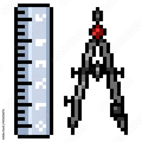 Pixel art draftsmanship icon. Compass and Ruler