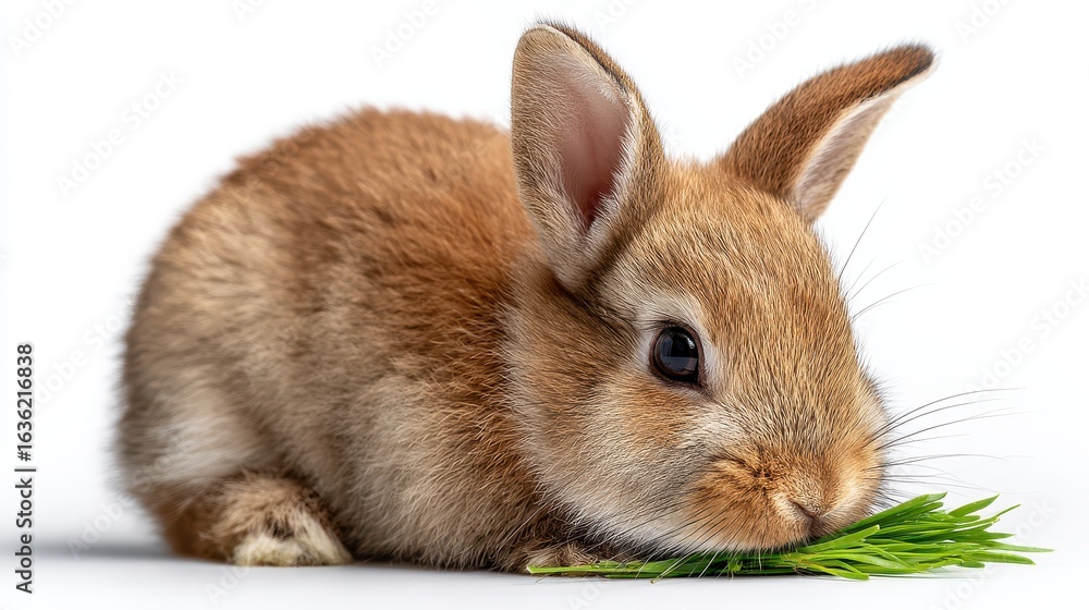 Obraz premium A cute brown rabbit resting on green grass, showcasing its fluffy fur and attentive expression in a serene setting.