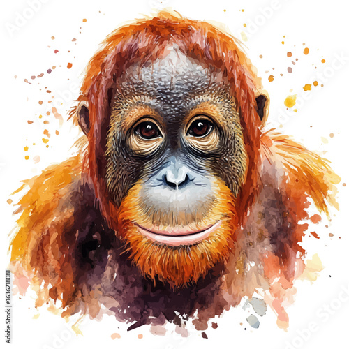 watercolor vector of Orangutan, isolated on a white background.