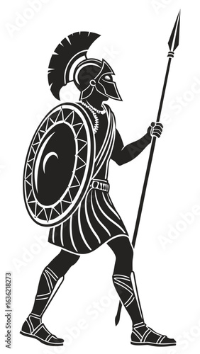 A Greek hoplite soldier stands in a shield wall