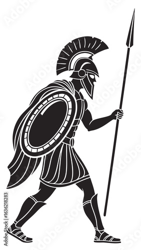 An illustration of a Greek hoplite soldier in classical attire