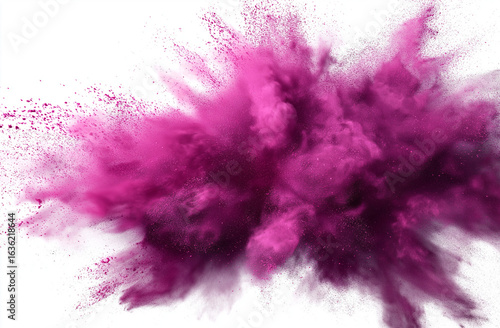 intense magenta powder explosion frozen in motion, vibrant dust particles bursting outward on a clean white background,