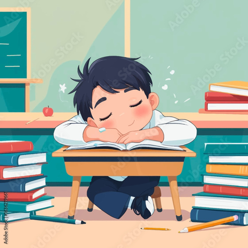 A cartoon illustration of a young boy sleeping on his desk in a classroom surrounded by stacks of books and pencils.