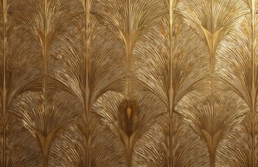 Geometric art deco wallpaper with embossed symmetrical patterns, gold accents. Intricate line design, luxurious vintage ornate style. Refined architecture, classic repeating seamless motif. Abstract
