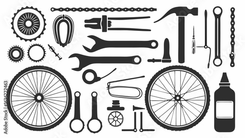 Illustration of various bicycle repair tools and components arranged on a white background surface silhouette