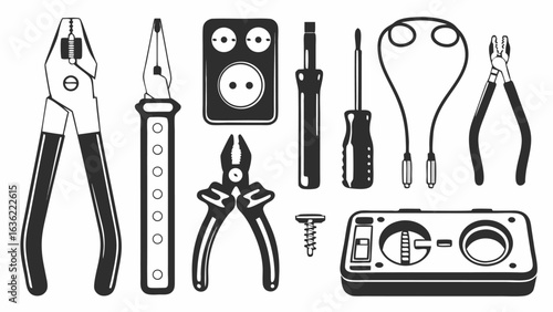 Illustration of various electrical tools including pliers screwdrivers and an electrical outlet and tester silhouette