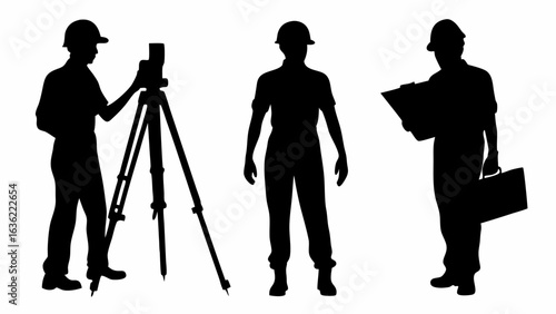 Three construction workers in silhouette with hard hats, one using surveying equipment, one with plans