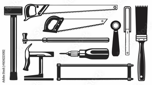 Illustration of various carpentry tools including saws hammers screwdrivers and a paint brush design element silhouette