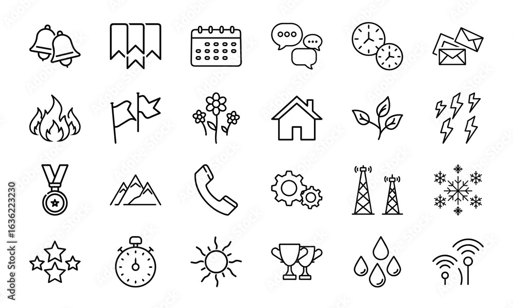 Fototapeta premium Minimalist Line Icon Set – Bell, Bookmark, Calendar, Chat, Clock, Email, Fire, Flag, Flower, Home, Leaf, Lightning, Medal, Mountain, Phone, Gear, Communication Tower, Snowflake, Star, Stopwatch, Sun