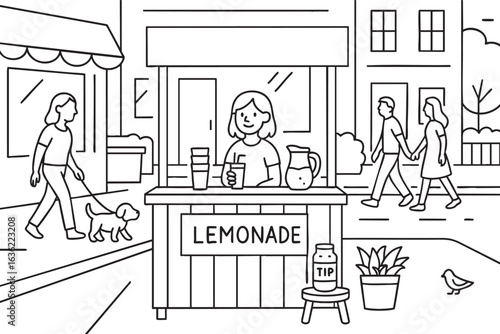 Girl selling lemonade at street stand in city. Vector illustration