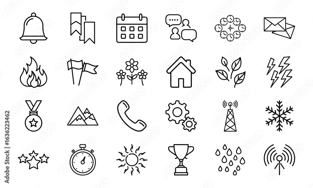 Fototapeta premium Minimalist Line Icon Set – Bell, Bookmark, Calendar, Chat, Clock, Email, Fire, Flag, Flower, Home, Leaf, Lightning, Medal, Mountain, Phone, Gear, Communication Tower, Snowflake, Star, Stopwatch, Sun
