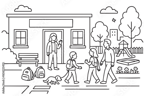Kids walking to school with parents and dog on sidewalk. Vector illustration