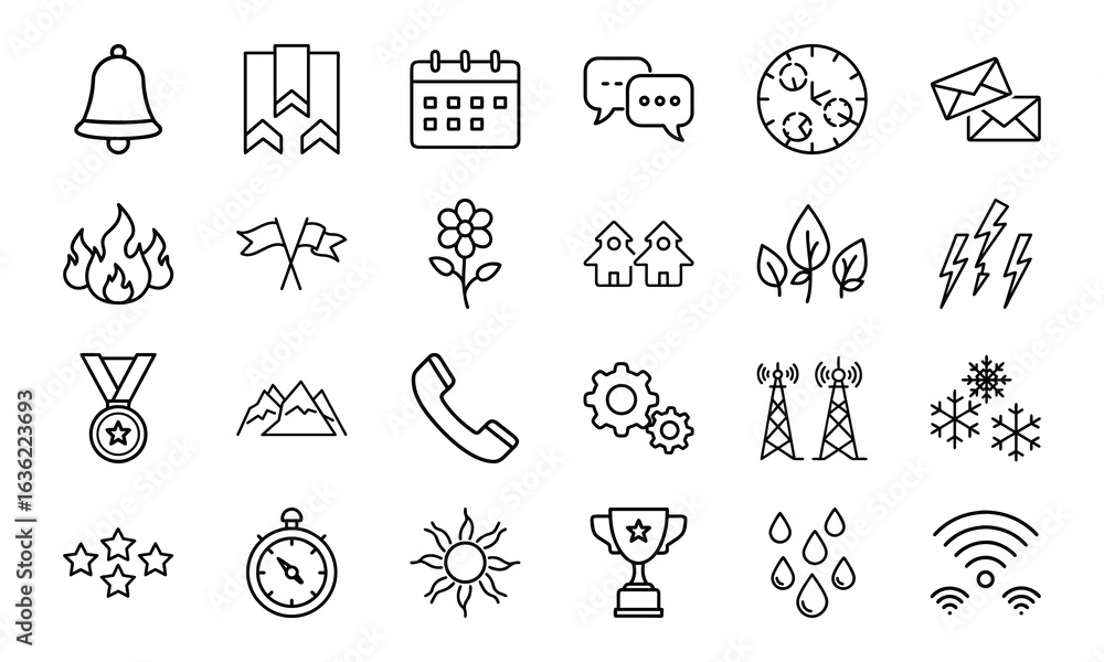 Fototapeta premium Minimalist Line Icon Set – Bell, Bookmark, Calendar, Chat, Clock, Email, Fire, Flag, Flower, Home, Leaf, Lightning, Medal, Mountain, Phone, Gear, Communication Tower, Snowflake, Star, Stopwatch, Sun