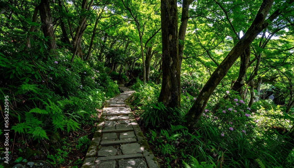 Fototapeta premium Lush, shaded pathway through a verdant forest