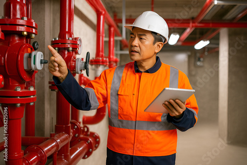 Engineer Inspecting Safety Equipment on Fire Extinguishing System – Workplace Safety Concept