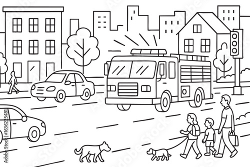 City traffic with fire truck and family crossing street. Vector illustration