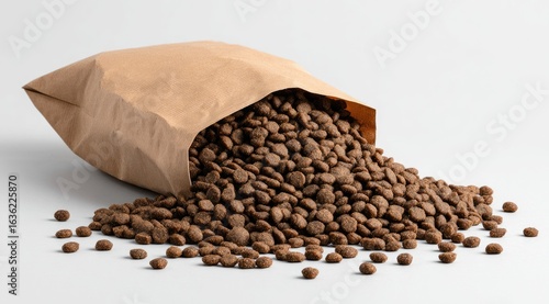 Brown dog food in a paper bag