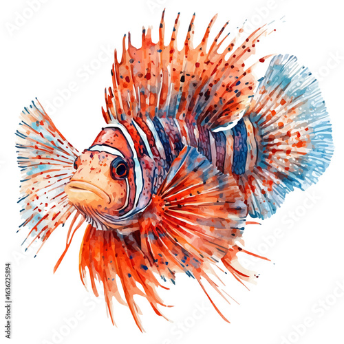 Lionfish, watercolor drawing vector, isolated on a white background.