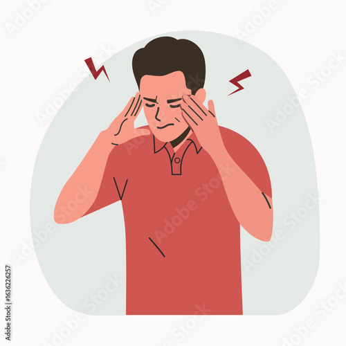 Young ill man suffering from headache and pain, pressing hand to the throbbing areas of his head isolated. Vector flat style cartoon illustration