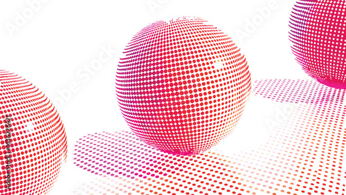 Three dotted spheres in red and pink hues cast shadows on a bright white surface with similar dots