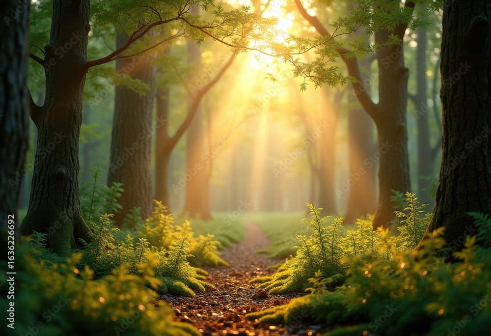 Naklejka premium dappled sunlight nature forest trees serenity tranquil woodland glimmering light peaceful shadows green canopy flora, meadow, illumination, leaf, branch, pine