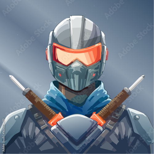 Futuristic ninja warrior character portrait. Sci-fi assassin with a high-tech helmet and dual swords.