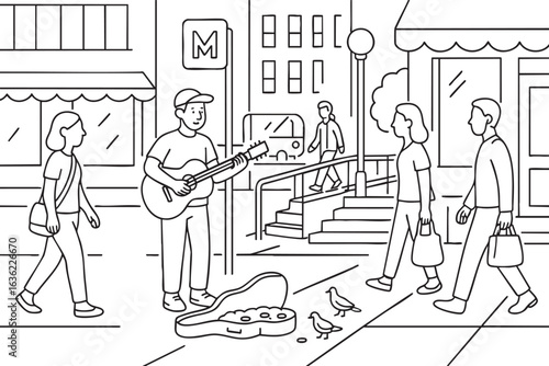 Street musician playing guitar near metro entrance. Vector illustration