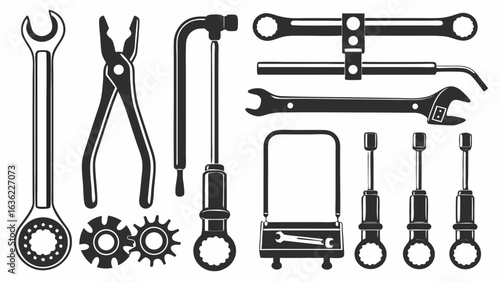 Illustration of various mechanical tools including wrenches pliers and gears in a monochrome style silhouette