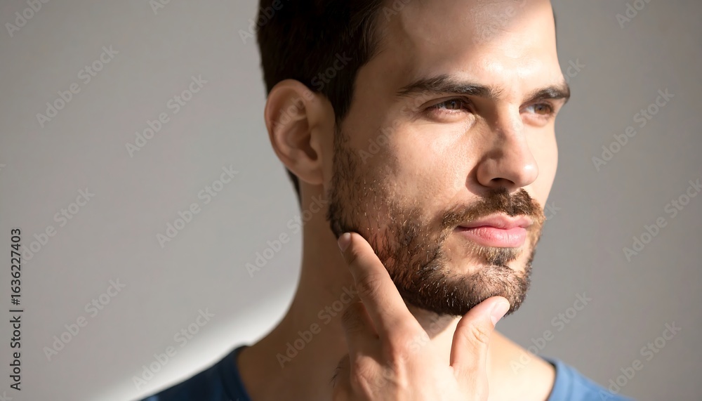 Fototapeta premium Man Touching Beard Thinking Hard Near White Background