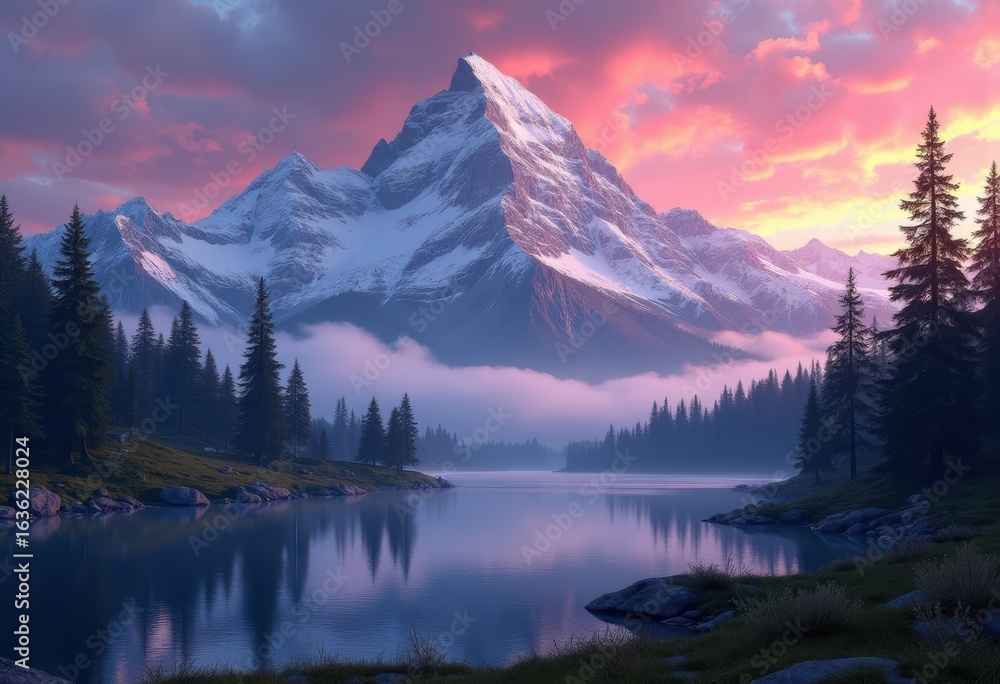 Fototapeta premium dramatic twilight sky over snow capped peaks glowing colorful sunset mountain range, dusk, landscape, clouds, nature, scenery, shine, alpine, distance