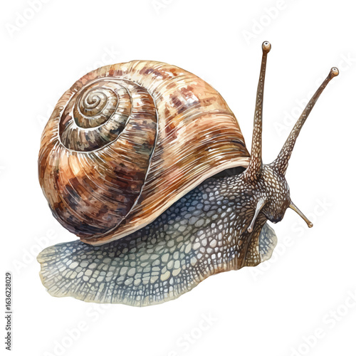 Large Land Snail, watercolor vector, isolated on a white background.