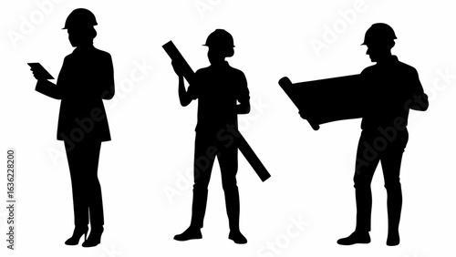Silhouettes of three architects in hard hats reviewing plans and using a tablet on white background