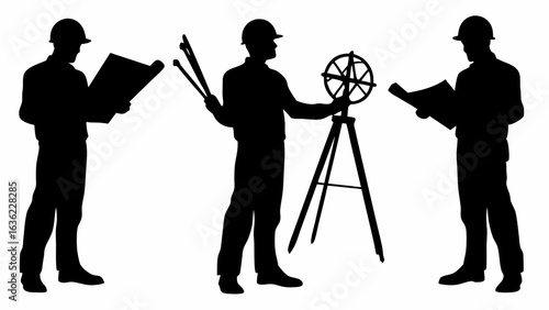 Silhouette of three surveyors with equipment including theodolite and blueprints on a white background