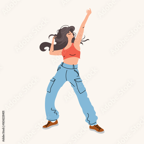 Young white woman dancer in freestyle movement. Breakdance, hip-hop , street style, sport dance pose. Flat modern style. Vector illustration.