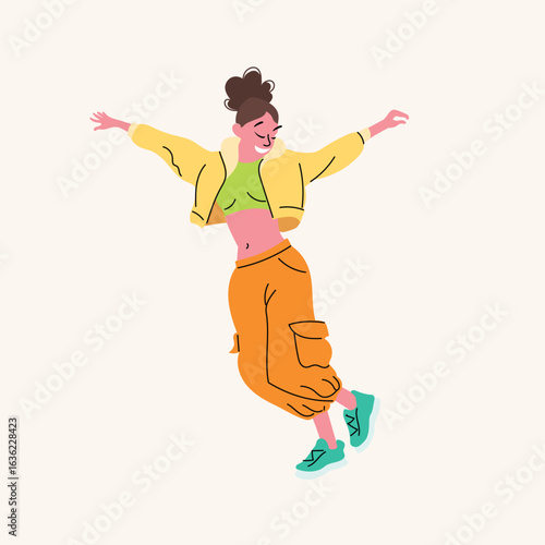 Young white woman dancer in freestyle movement. Breakdance, hip-hop , street style, sport dance pose. Flat modern style. Vector illustration.